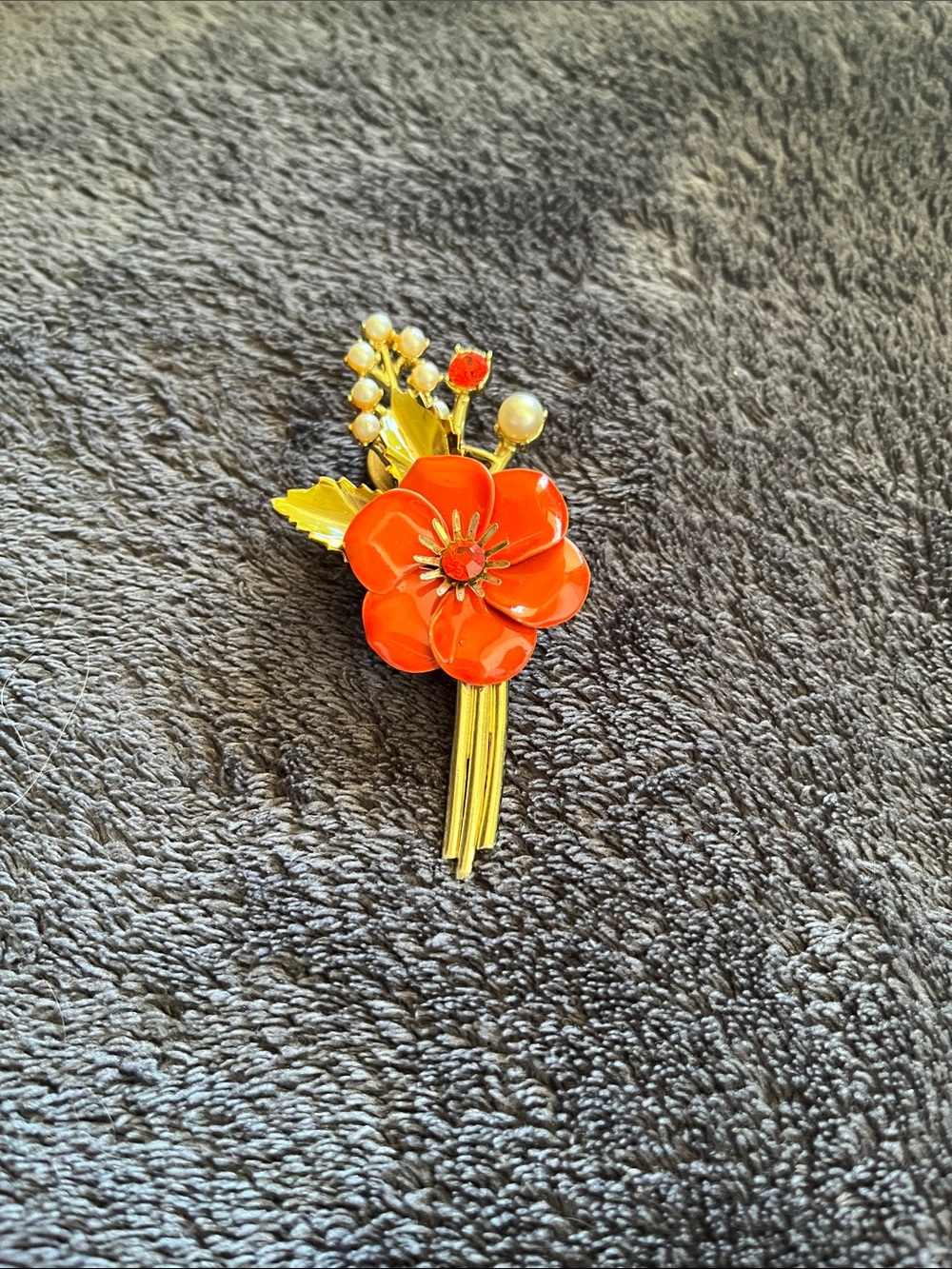 Gold Floral Brooch with Orange/Red Enamel Flower